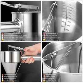 eGenuss 1 Stainless Steel Baking Funnel Pancake Dough Dispenser + 7 Different Nozzles + Fixed Stand with Dough Collector + Bag | Dough Scoop with Graduated Measure | 1200 ml