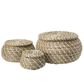 Small Wicker Basket with Lid, Round Woven Set of 3 Seagrass Baskets, Little Handmade Rattan Storage Basket Box for Shelf, Bathroom Decor