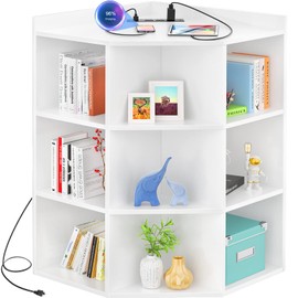 Aheaplus Corner Cabinet, White Corner Storage with USB Ports and Outlets, Corners Cube Toy Storage for Small Space, Wooden Cubby Corner Bookshelf with 9 Cubes for Bedroom, Living Room, Office, White
