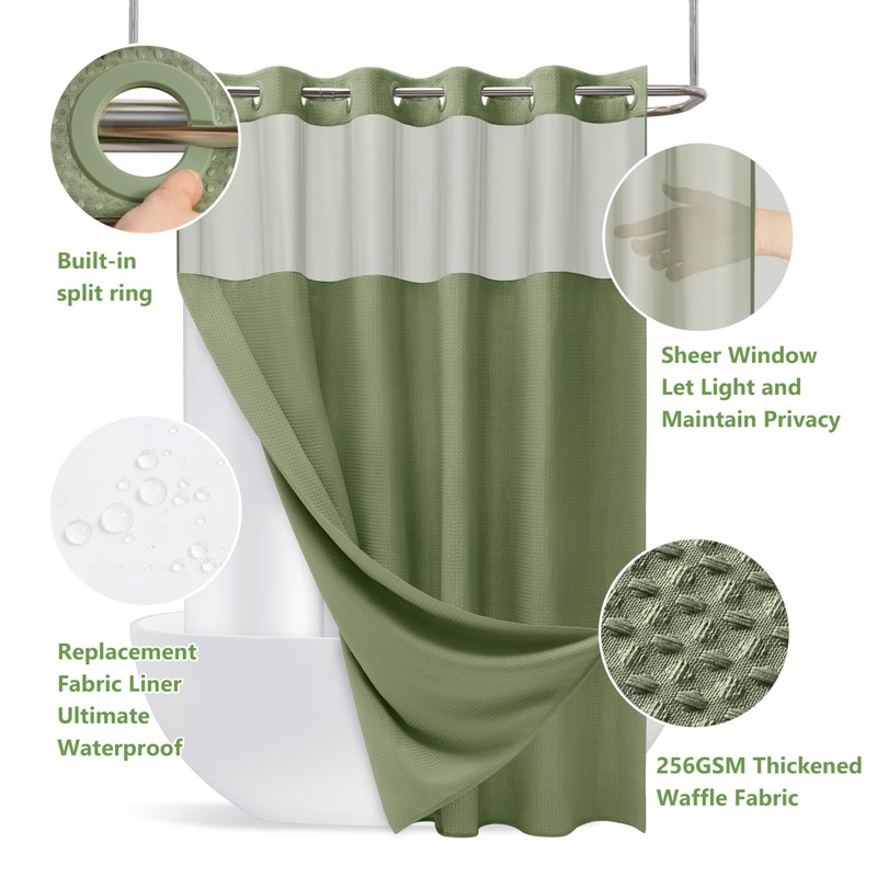 PILOTSHARK No Hook Waffle Weave Shower Curtain Set with Snap-in
