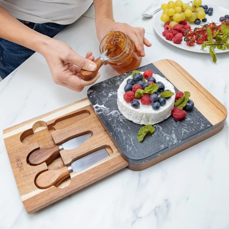 Cheezcare Black Marble Cheese Board - Acacia Wood - 3-Knife