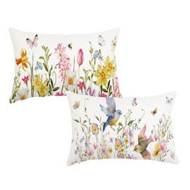 HJZLB Spring Pillow Covers 12x20 Inch Set of 2 Summer Floral Flower Bird Butterfly Outdoor Throw Cushion Case Decorations for Home Porch Sofa Couch