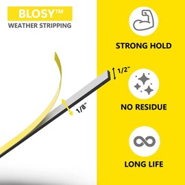 BLOSY Weather Stripping 1/2"W x 1/8"T, Seal for Door Window Stop Draft, Adhesive Foam Insulation Tape Soundproof Reduce Noise Dust Cold Air, 16FT Each x 3 Rolls