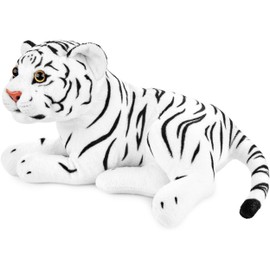 BRUBAKER Tiger Cuddly Toy - 30 cm Soft Toy - Baby Plush Toy Predator Cat Lying - Children's Plush Toy - White