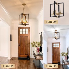 Industrial Lantern Chandelier, 4-Light Modern Geometric Semi Flush Mount Ceiling Light Fixture, Black & Champagne Gold Farmhouse Pendant Lighting Fixtures for Living Room Kitchen Island Hallway Foyer