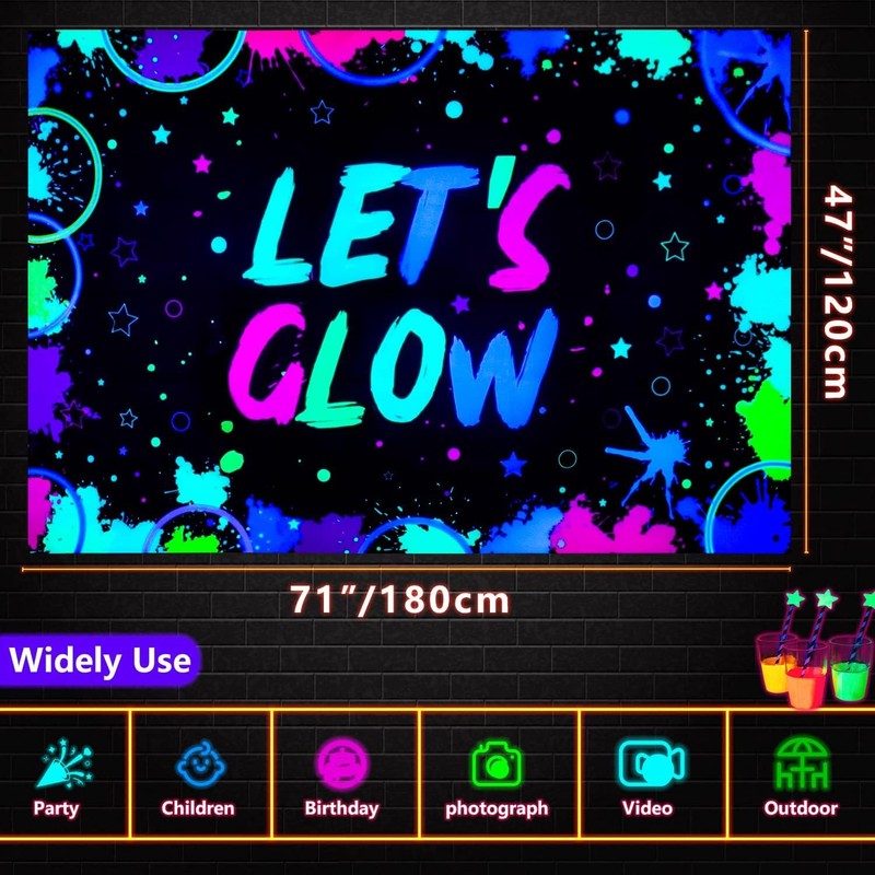 Glow Neon Birthday Backdrop - Let's Glow Banner for Black