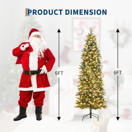 6ft Flocked Pencil Christmas Tree - Pre-lit Frosted Slim Artificial Tree with Pine Cone, Space Saving Xmas Tree Holiday Decoration for Home, Full Warm White LED Lights, Foldable Base, Easy Assembly