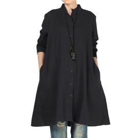 Minibee Women's Oversized Button Down Shirts Long Sleeve Cotton Linen Light Blouse Jacket with Pockets Black M