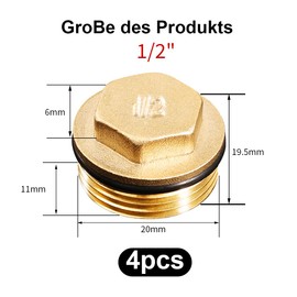 Pack of 4 Brass Plugs, 1/2 Inch, Pipe End Cap, Blanking Plug, 1/2 Inch External Thread Sealing Plug, Pipe Plug with Rubber Ring for Water Pipes, Radiators, Heating and Drinking Water Systems Suitable
