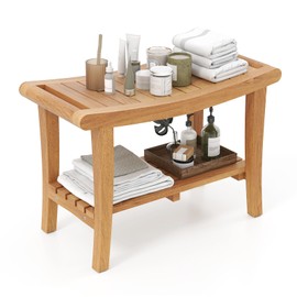 Giantex Teak Wood Shower Bench - 30 Inch Waterproof Shower Stool with Storage Shelf & Curved Seat for Inside Shower, Shaving Legs, Bathroom Stool for Elderly Seniors, Spa Bathing Step Foot Rest
