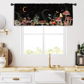 Miyotaa Mushroom Fairy Kitchen Curtain Valance 54W x 18H Rod Pocket Black Night Gothic Cottagecore Witchy Mysterious Botanical Window Treatment for Living Room Bedroom Bathroom