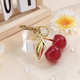 Beljeley Cute Cherry Bag Charm Keychain with Letter Tag, Purse Accessories for Women, Perfect for Handbags Car (U)