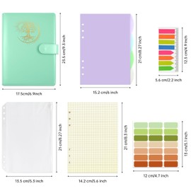 Qefuna A5 Ring Binder, A5 Refillable, PU Cover with Foil Embossing Sun Tree of Life Pattern, with 180 Sheets A5 Refill Paper, A5 Notebook with Pockets and Dividers, Green