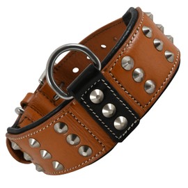 DowgClub Premium Leather Studded Collar for Large Dogs | Brazier Rivet | 2 Inch Wide Brown Dog Collar | Saddle Grade, Heavy Duty, Cushion Padding | (L (Fit Neck Size 18.5"-22.5"), Brown)