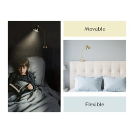 Solfres Patented Innovative Design Headboard Reading Light Pro. No Drilling Book Light for Bedtime Reading. Dimmable LED Book Reading Lamp with Bulb. Movable & Flexible, Gold