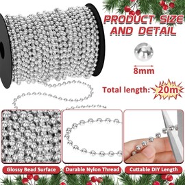 KAHEIGN 20M Christmas Bead Garland, 8mm Plastic Beads Chain Artificial Pearls Strands Xmas Bead Garland Roll for Christmas Tree Holiday Wedding DIY Decoration Supplies (Silver)