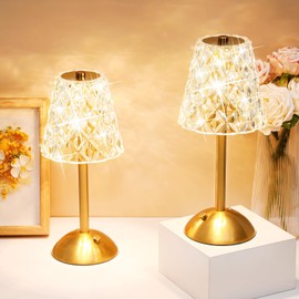 Liliful 2 Pcs LED Portable Cordless Gold Table Lamp Touch Battery Operated Rechargeable Desk Lamp 3 Color Dimmable for Bedroom Living Room Dining (Diamond Style)