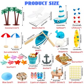 Huanmin Strand-Mikrolandschaft 32 Stück Strand Deko Miniatur Set, mini strandkorb deko, Miniatur liegestuhl Sonnenschirm Palme,Schildkröte und Meer,Muscheln Deko, für DIY, Garten Dekoration, Geschenk