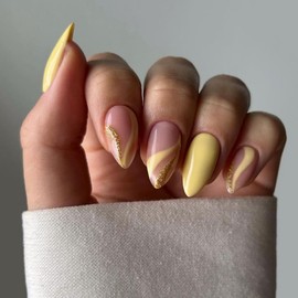 Fomkrio Yellow Swirl Glitter Print Short Press On Nails Almond Acrylic Fake Nails with Designs Spring Summer Nails for Women Girls, 15 Sizes - 30Pcs Manicure Nail Kit