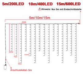 NAIZY Fairy Lights 5 m 200 LEDs Icicle Fairy Lights Warm White Light Curtain with 8 Light Modes Memory Function Light Curtain IP44 Waterproof Christmas Lighting Decoration for Indoor and Outdoor Use