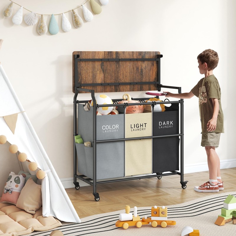 Hoctieon 3 Section Laundry Sorter Cart with Ironing Board, Laundry