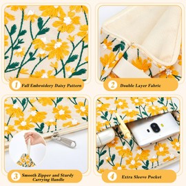Yeyeplum 2 Pcs 12''x9'' Daisy Embroidered Book Sleeve with Handle and Zipper Book Cover for Paperback Hardcover Christmas Book Lovers Gift Book Sleeve Pouch for Reader Teacher Women(Yellow, White)