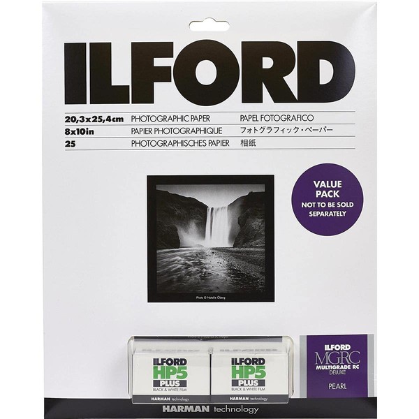 Ilford Multigrade V RC Deluxe Pearl Surface Black &amp; White Photo Paper and 2x HP5 Plus 35mm Film Roll Value Pack, 190gsm, 8x10&quot;, 25 Sheets