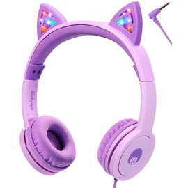 Rockpapa Kids Headphones, Cat Ear Headphones for Kids Girls Boys with LED Light Up, 85dB Volume Limited, 3.5mm Aux Jack, Headphones Wired for Kids Gifts/School/Tablet/PC/Travel, Purple