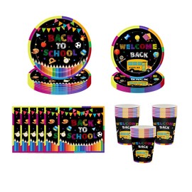 SKTMH 80Pcs Back to School Party Decorations Tableware Set with Plates and Napkins, Disposable Black Bottom Colorful Pattern Dinnerware for First Day of School Party Decorations