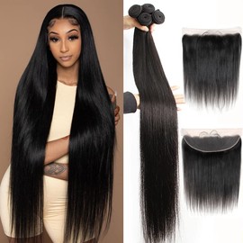 YISEA Paquetes De Cabello Humano Con Encaje Frontal (14 16 18 20+12 Frontal) Cabello Lacio 4 Paquetes Con Cierre De Encaje 13X4 Frontal 100% Sin Procesar Paquetes De Cabello Humano