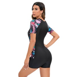 FYMNSI Women's Swimming Suit with Shorts Zip Swimming Shirt Rash Guard UV Protection UPF 50+ Swimming Shirt Sporty Swimwear Surf Suit, Black + pink leaf
