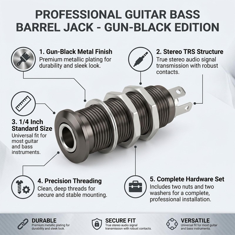 Zhrmzhg 3Pins 1/4" Cylinder Guitar Bass Jack Socket, Chrome(Gun Black)