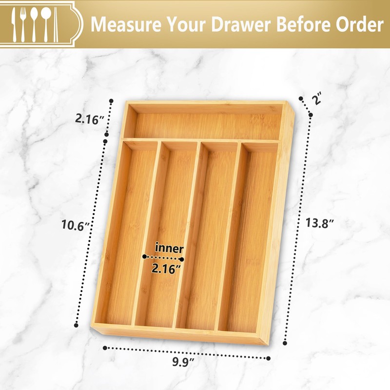 Silverware Organizer, 10 Inch Utensil Organizer Kitchen Drawer Organizer Bamboo