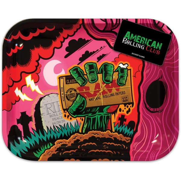 RAW Zombie Rolling Tray | Large (13.5 x 11 x 1.25") | Includes RAWthentic Certificate, Large Zombie Tray and American Rolling Club Scoop Card