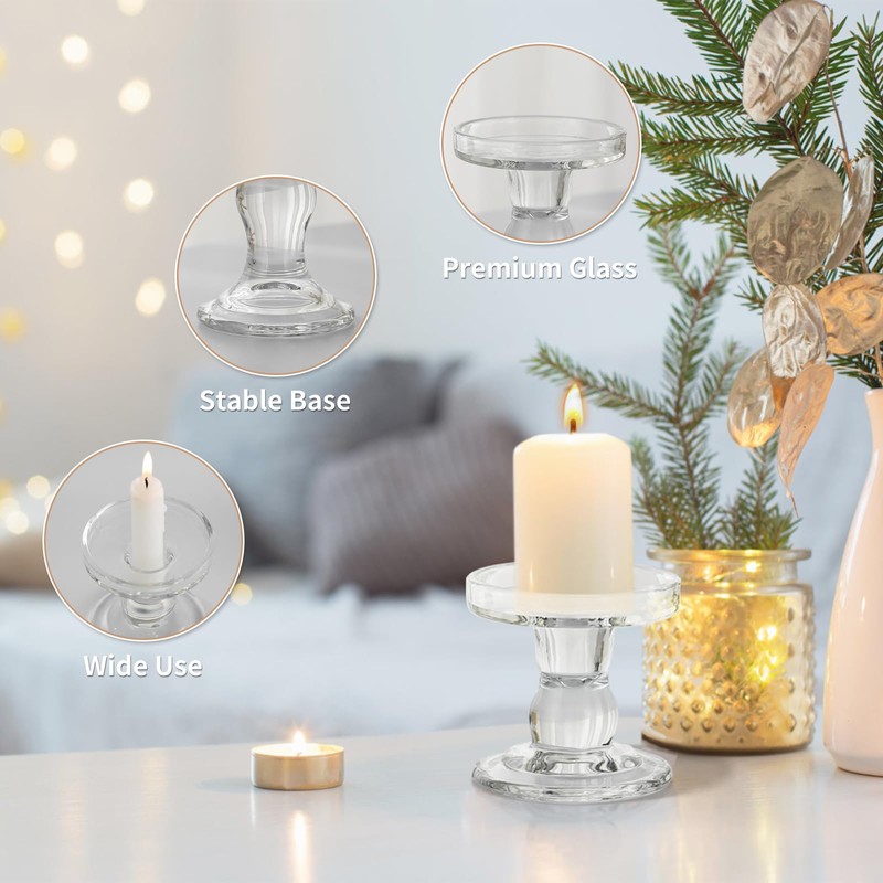 Glass Candle Holders, 3 Pieces Crystal Clear Candlesticks with Elegant
