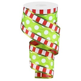 Polka Dots with Stripes Wired Edge Ribbon - 10 Yards (Red, Green, White, 2.5 Inches)