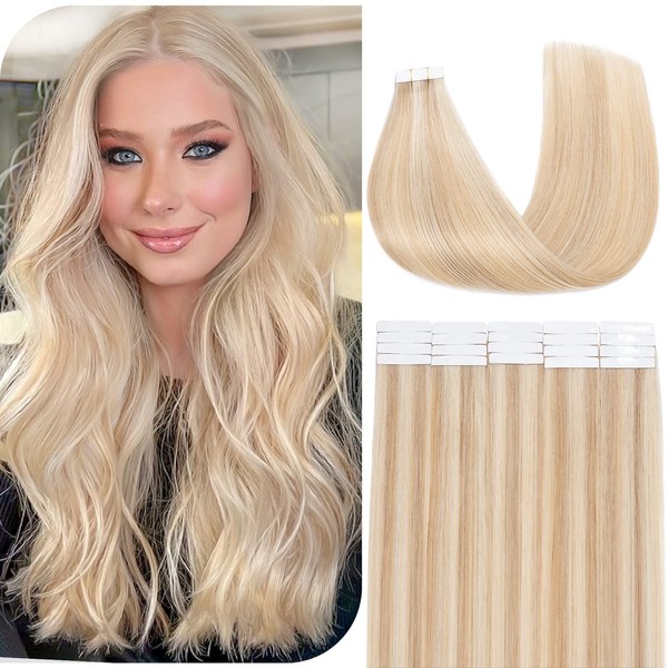 Benehair Tape in Hair Extensions 100% Human Hair Remy Seamless Silky Straight Hair Natural Real Hair Extensions for Women 20Inch 20pcs 50g Ash Blonde Mixed Bleach Blonde #18&613