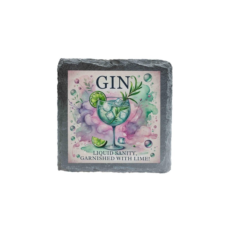 Slate Coaster with Gin Design - "'iquid Sanity Garnished with