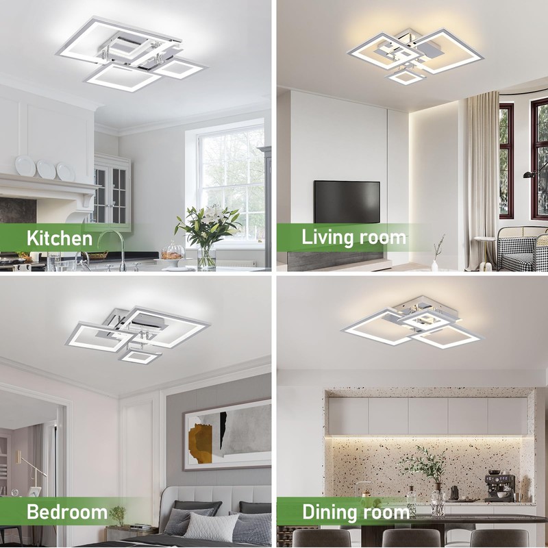 HLILCEH Modern Chrome Led Ceiling Light 3-Square Design 3000K-6500K Dimmable