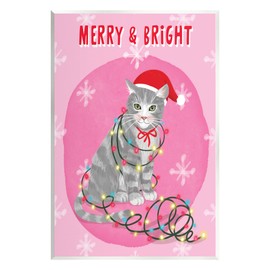 Stupell Industries Merry & Bright Christmas Cat Lights Wood Wall Art, Design by Be Ni La