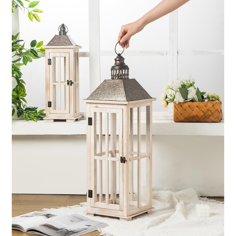 TIMRIS Large Rustic Wooden Decorative Lantern Set of 2, Modern
