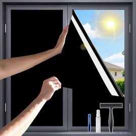 One Way Privacy Window Film，Flueen Shatterproof PET Window Tint for Heat Control & 100% UV Protection Blackout Window Treatment for Home, Office Doors with Eco-Adhesive Total Black 17.5" x6.5FT