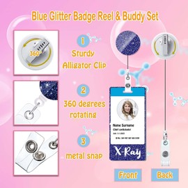 ANDGING X-Ray Badge Buddy and Badge Reel Set Bling X-Ray Badge Card Holder Vertical Badge Buddies Navy Blue Glitter Nurse Badge Cards Badge Reels Retractable Medical Nursing Gifts ID Name Card AG8867