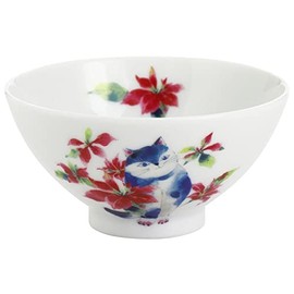 Ceramic Indigo Hidamari Cat Rice Bowl, Poinsettia Size: Approx. φ4.5 inches (11.5 cm), H6, 23206