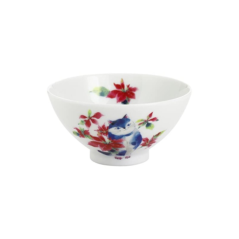 Ceramic Indigo Hidamari Cat Rice Bowl, Poinsettia Size: Approx. φ4.5