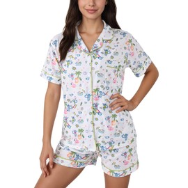 Zuafy Women's Pajamas Set Button Down Ladies Summer Pajamas Monkey Printed Sleepwear Short Sleeve 2 Pc Pjs for Birthday Gift