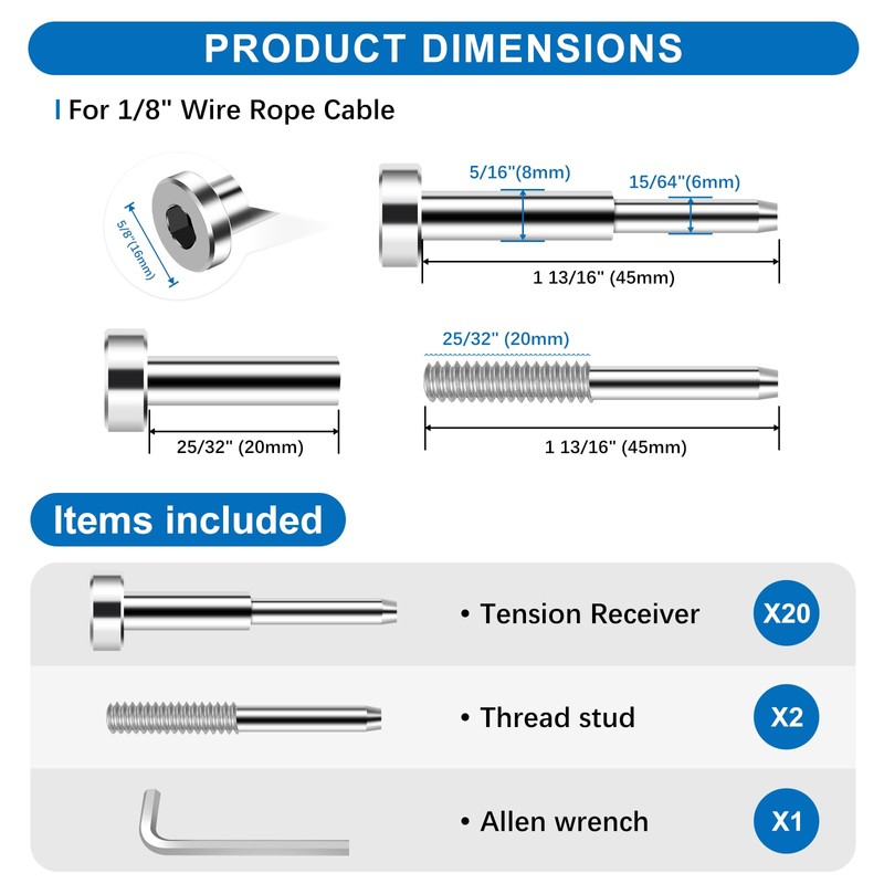 Gyykzz 20 Pack Invisible Cable Railing Kit for 1/8" Wire