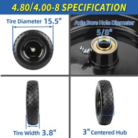 GICOOL 4.80/4.00-8" Wheelbarrow Tire, 16" Flat-Free Solid Tire and Wheel, 3-6" Centered Hub, 5/8" & 3/4" Bearing, For Garden Wagon Cart Trolley Dolly (1 Pack)