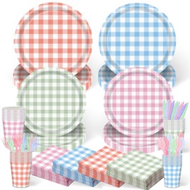 140 Pcs Camp Gingham Paper Plates and Napkins Gingham Checkered Bachelorette Party Supplies Glamping Birthday Tableware Set Summer Plaid Camping Themed Party Favors Baby Bridal Shower