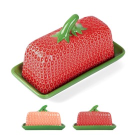 Cute Butter Dish with Lid for Countertop,Strawberry Butter Dishes Containers,Ceramic Butter Keepers and Holder,Strawberry Kitchen Decor(Red)